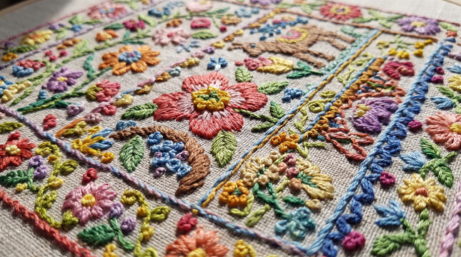 Colorful floral embroidery on linen fabric with intricate handmade needlework patterns