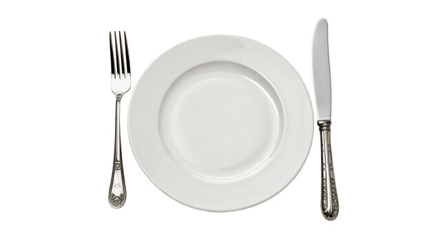 Empty white ceramic plate with fork and knife isolated on transparent background cut out