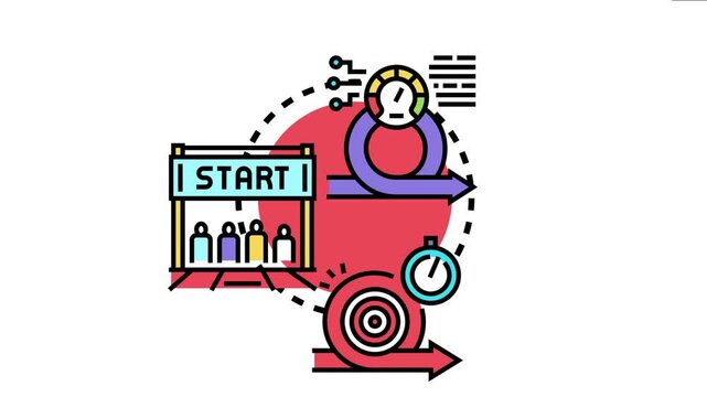 Agile project management methodology visualizes a team starting a sprint, developing continuously, monitoring progress, and achieving goals with efficient, iterative cycles