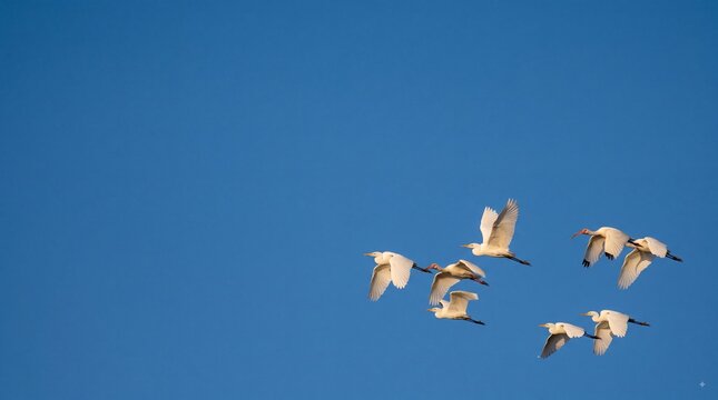 Flock of white birds flying freely in a clear blue sky, migration concept.