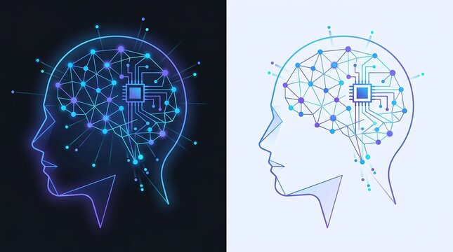 Artificial intelligence brain concept with chip and network glowing on dark and light background.