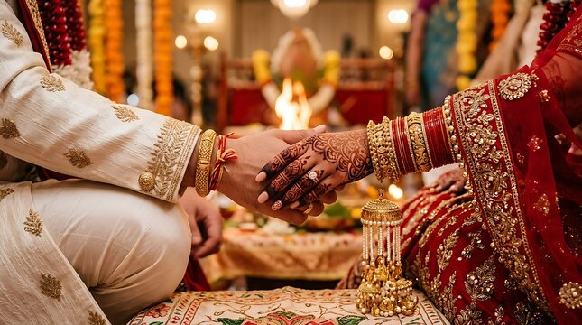Close up of indian bride and groom holding hands during a traditional hindu wedding ceremony ritual