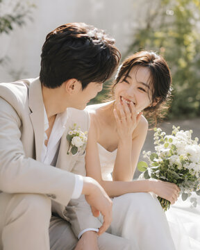 Happy Asian Wedding Couple Smiling Together in Romantic Outdoor Setting