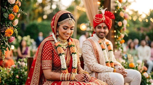 Beautiful indian bride and groom wearing traditional wedding attire during an outdoor sunset marriage ceremony