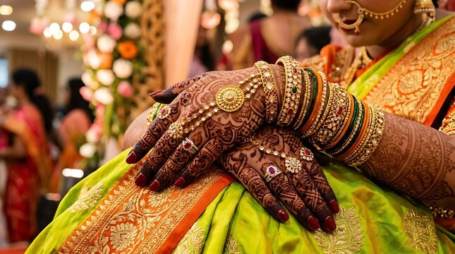 Close up of indian bride hands with intricate henna mehndi designs and traditional gold bangles at wedding