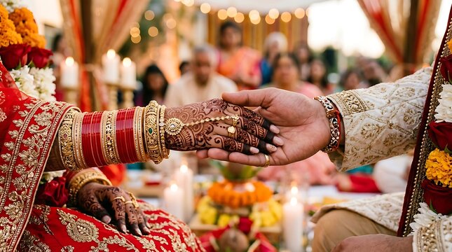 Close up of indian bride and groom holding hands during traditional wedding ceremony with henna designs