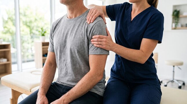 Professional physical therapist examining patient shoulders in bright medical clinic