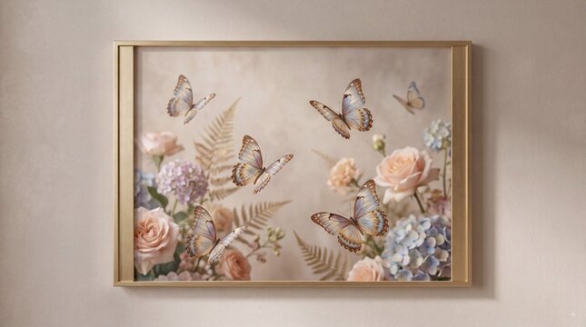 Colorful butterflies fluttering around blooming pink roses in vintage wooden frame on soft background