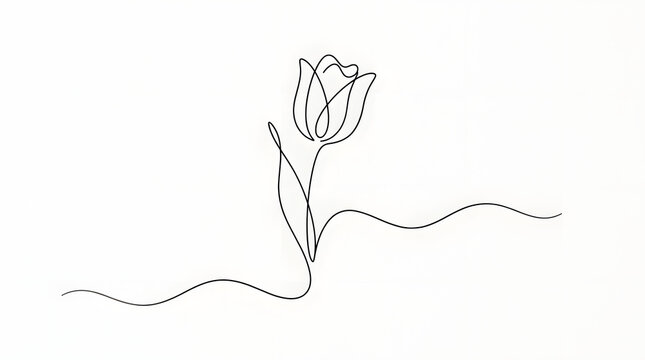 A minimalist continuous line drawing of a single tulip flower isolated on a plain white background for simple artistic design projects