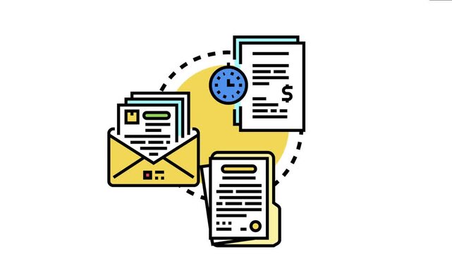 Documents including contracts, proposals, and agreements circulate alongside a clock icon, symbolizing the stages of negotiation and acceptance for legal and business frameworks