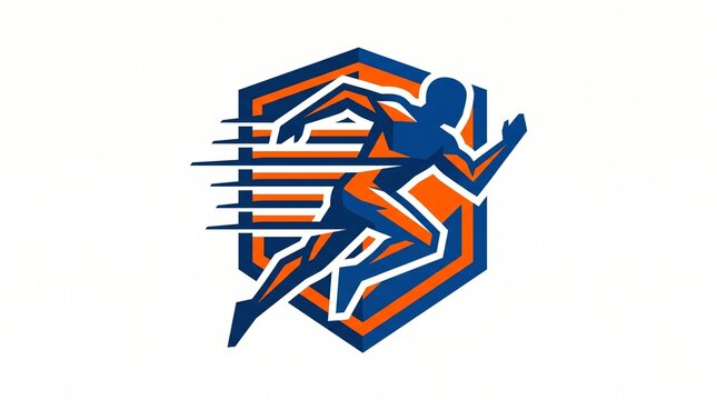 Stylized running human figure inside an orange and blue shield icon
