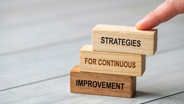 Hand arranging strategy blocks for continuous improvement, progress and business development