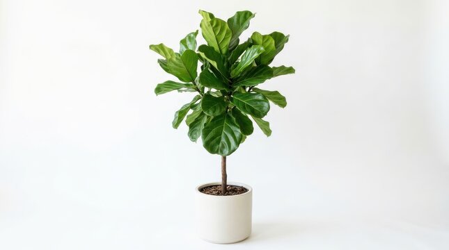 Fiddle leaf fig plant in a white pot isolated on white background