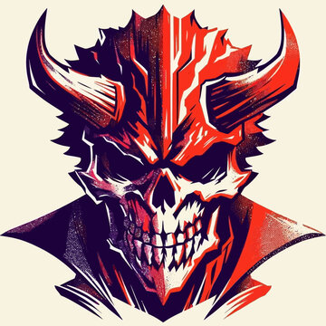 Stylized graphic illustration of a menacing horned skull, depicted in vibrant red, black, and purple tones, evoking a demonic or devilish character.