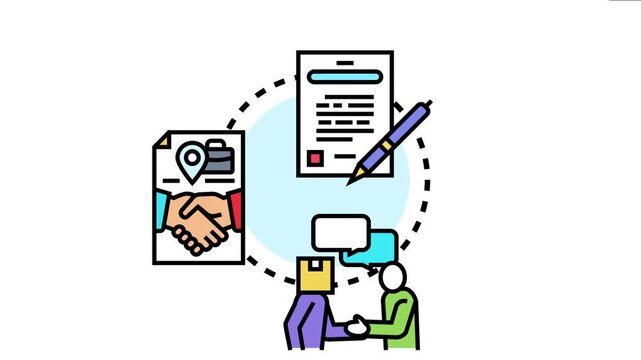 People engaging in discussion and communication leading to a handshake and signing a document, symbolizing a business transaction reached through mutual understanding and collaboration