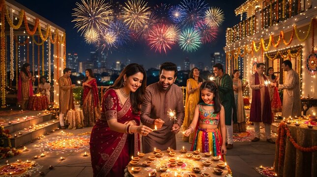 Indian family celebrating diwali with fireworks and diyas on rooftop
