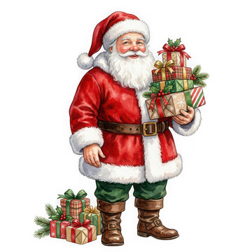Watercolor illustration of santa claus holding christmas gifts isolated on transparent background