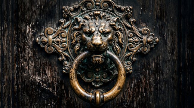 Antique bronze lion head door knocker on rustic wooden front door