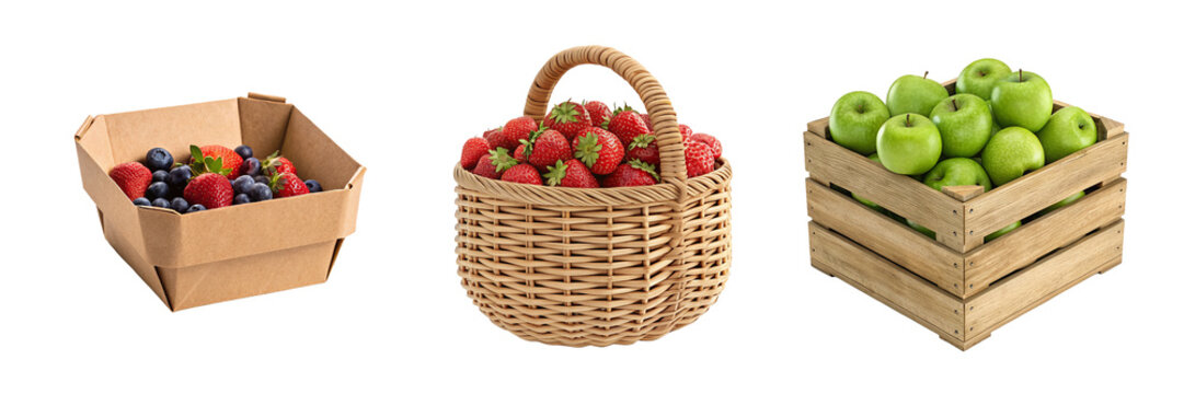 Fresh fruit and vegetable produce in baskets and wooden crates for grocery branding farmers markets and retail
