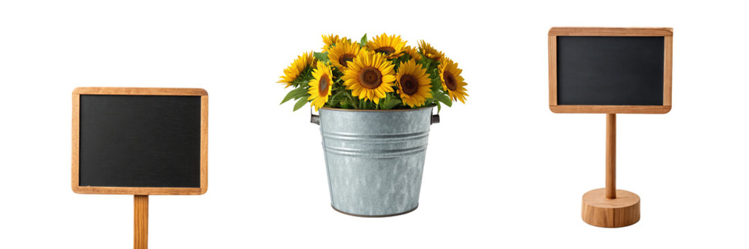 Sunflower bouquet in metal bucket with wooden market signs for farmers market grocery and seasonal branding