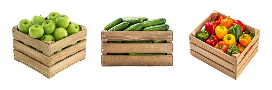 Fresh apples cucumbers and bell peppers in wooden produce crates for grocery branding farmers markets and retail