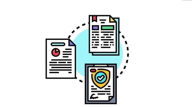 Agreement documentation compiling legal contract information process, showing various paper documents representing secure deals, financial reports, and important records