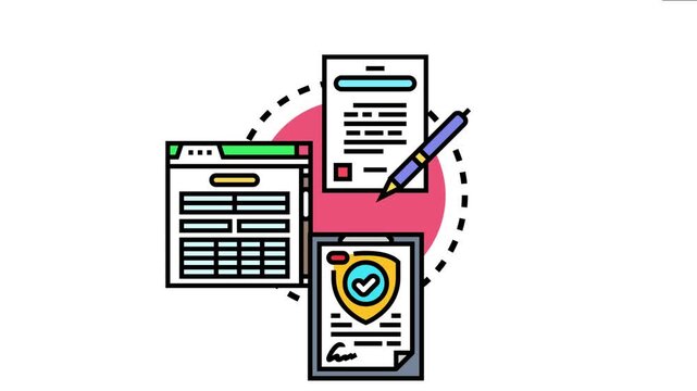 Document processing, online form filling, and contract signing with security validation, showing steps toward legal approval and official verification