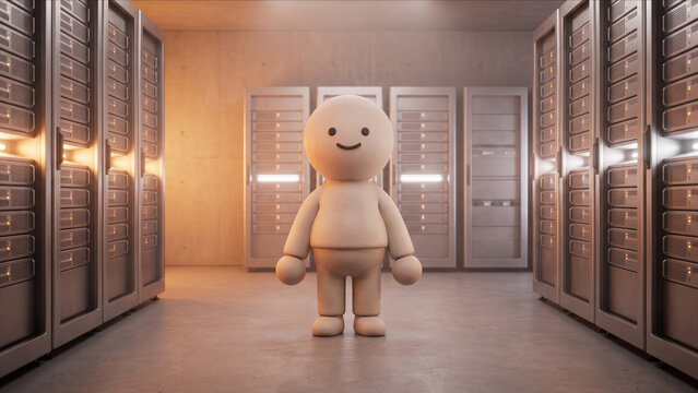 金庫室のハードウェアセキュリティラックの前に直立するマットな質感のクレイマスコット