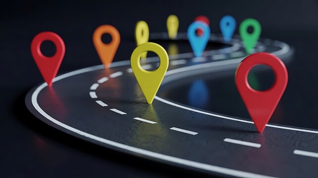 Abstract 3d rendering of a winding asphalt road with colorful navigation map pins representing location tracking and travel destinations on dark