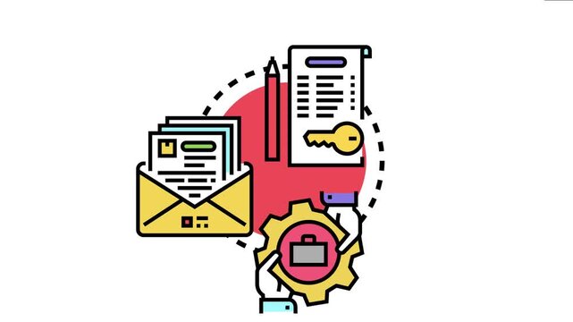 Business hands managing document workflow, sending important correspondence, and securing contract terms for ongoing service and commitment