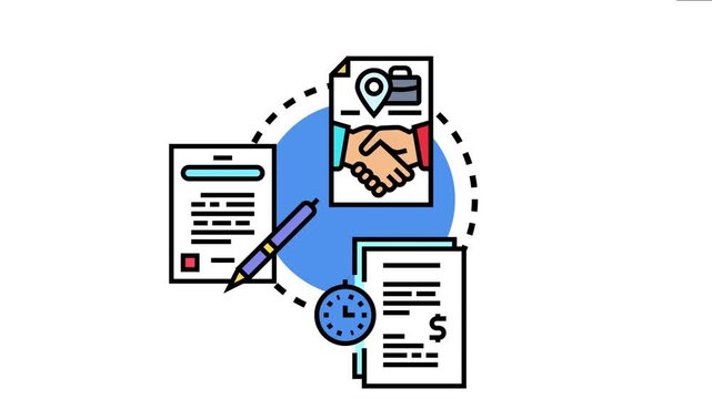 Document renewal process involving a handshake agreement, legal paperwork, and consideration for a new period, continued partnership and contractual obligations