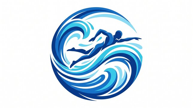 Stylized blue swimmer racing through circular rushing water wave motion graphic