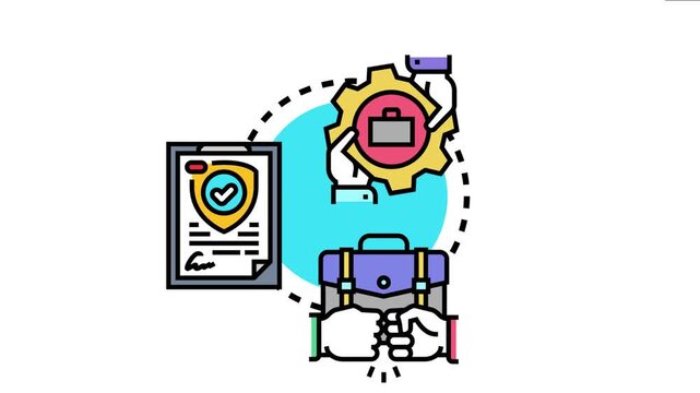 Business concept hands generating a contract template with a briefcase, document, security shield, and handshake, symbolizing partnerships and deal completion