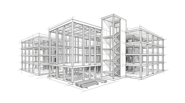 Architectural sketch of a modern multi-story office building frame illustrates structural engineering design.