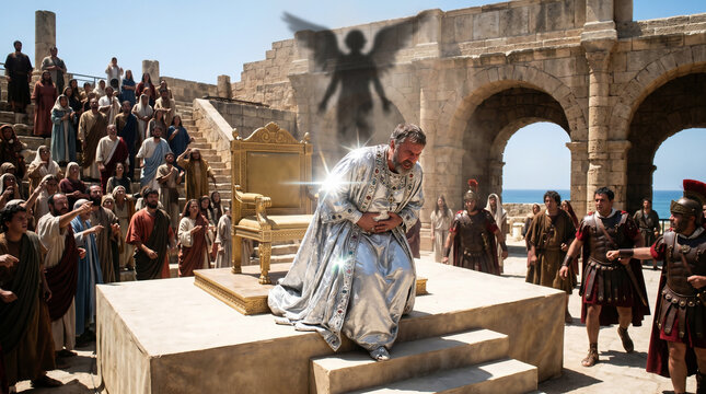 An angel striking King Herod Agrippa down in the middle of a grand speech because he accepted worship as a god.