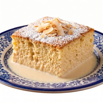 Delicious slice of tres leches cake with coconut flakes isolated on white background