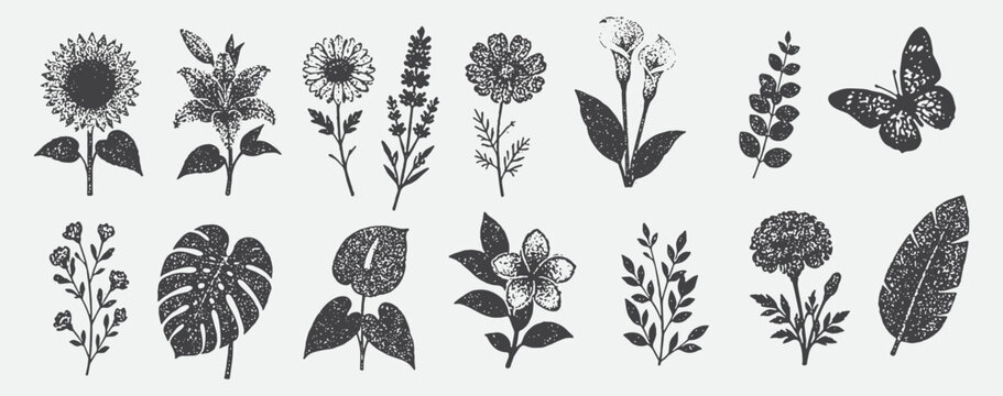 flowers leaves and a butterfly in a photocopy stipple effect, for grunge punk y2k collage design