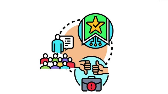 Group of people discussing agreement tracking, with icons representing personalized options, managing tasks, and reaching a consensus on important business processes