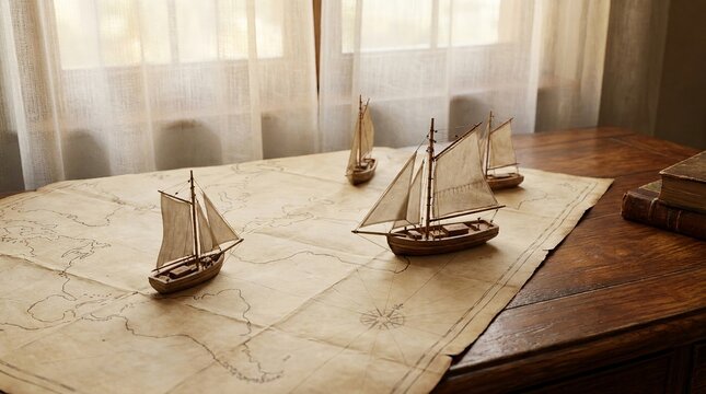 Antique model sailing ships are carefully arranged on a timeworn wooden table within a gently illuminated interior space