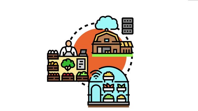 Agribusiness output concept modern farming processes from smart agriculture and greenhouse cultivation to market sales, connected by cloud data management