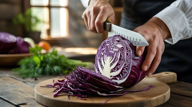 Chef hands using sharp kitchen knife to slice fresh purple cabbage on wooden cutting board for healthy cooking and food preparation