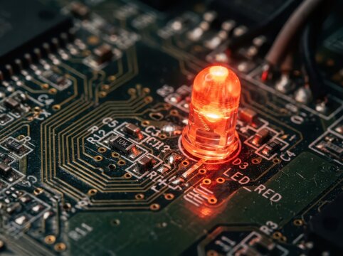 Glowing red LED indicator on electronic circuit board macro shot