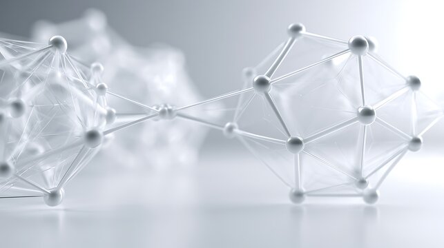 Futuristic white molecular bridge connecting two abstract geometric structures, interconnected atomic nodes