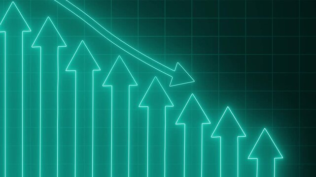 Neon-style glowing line graph background showing descending upward arrows animation
