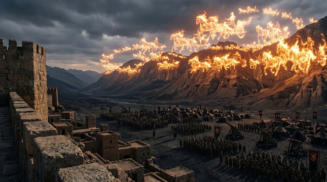 Elisha praying to open his servant's eyes to see the invisible heavenly army of fiery horses and chariots surrounding the city