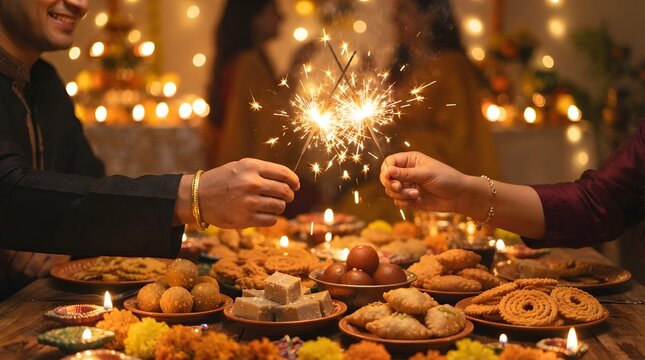 Couple holding sparklers over a table with traditional indian sweets during diwali