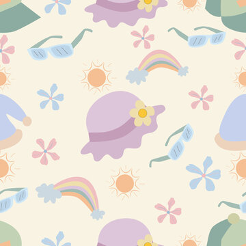 Hand-drawn Cute pastel summer seamless pattern with hat, sunglasses, rainbow, sun, and flowers⁠