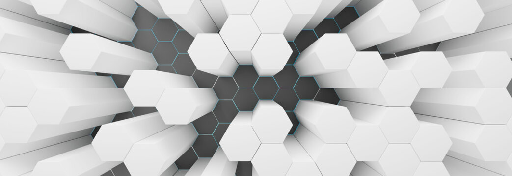 3D white hexagonal pillars extruding from a dark honeycomb grid, ideal for gaming backgrounds, futuristic tech concepts, and modern visual effects.
