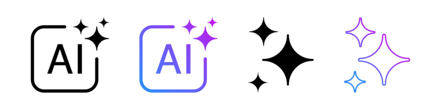 Artificial intelligence AI sparkle icon set with gradient and outline vector style for web interface design