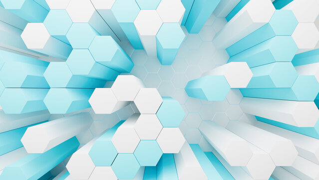 Vibrant light blue and white 3D hexagon blocks structure, ideal for cloud computing, data analytics, fresh tech branding, and modern wallpapers.